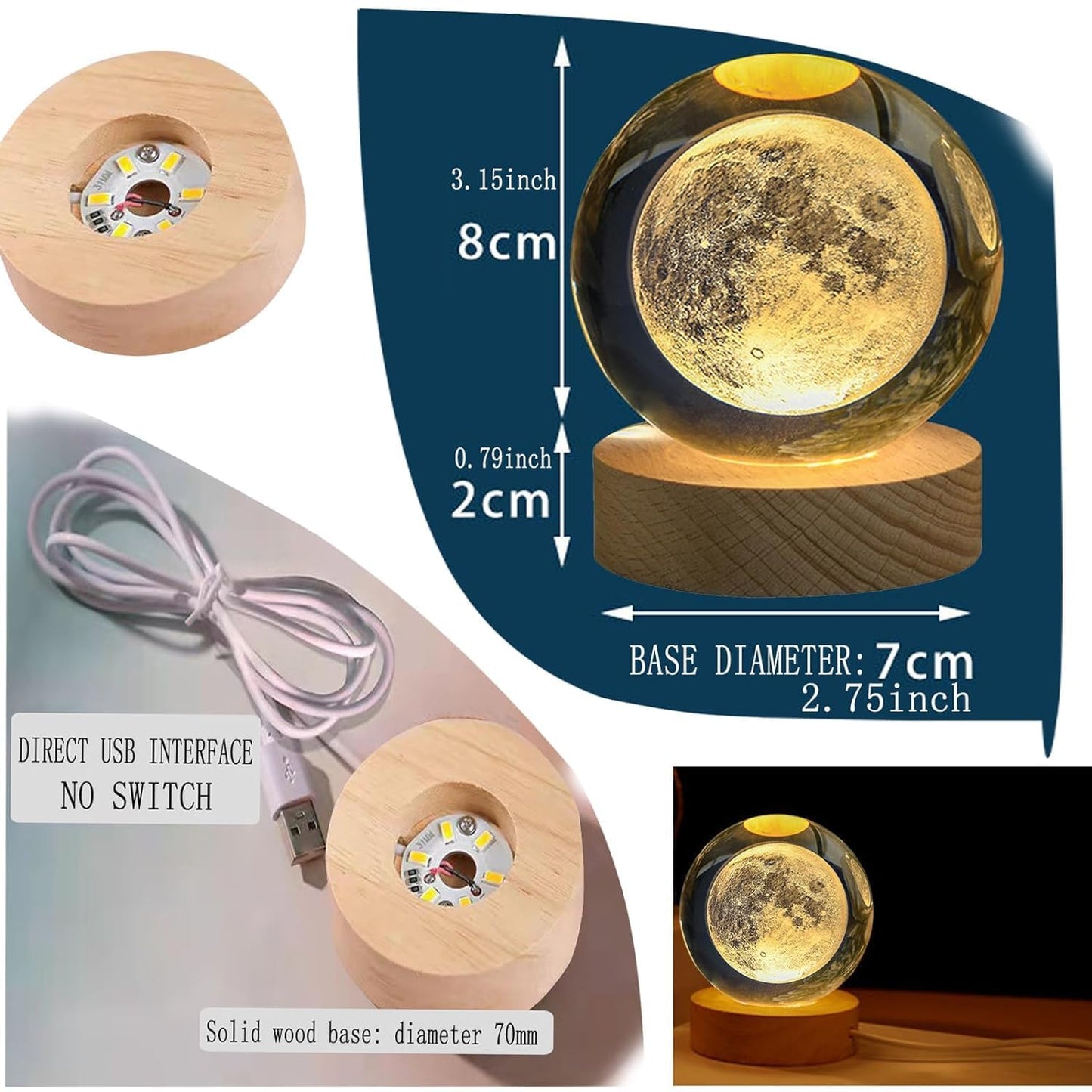 1 Crystal Ball Night Light, Glass Ball with Wooden Stand,