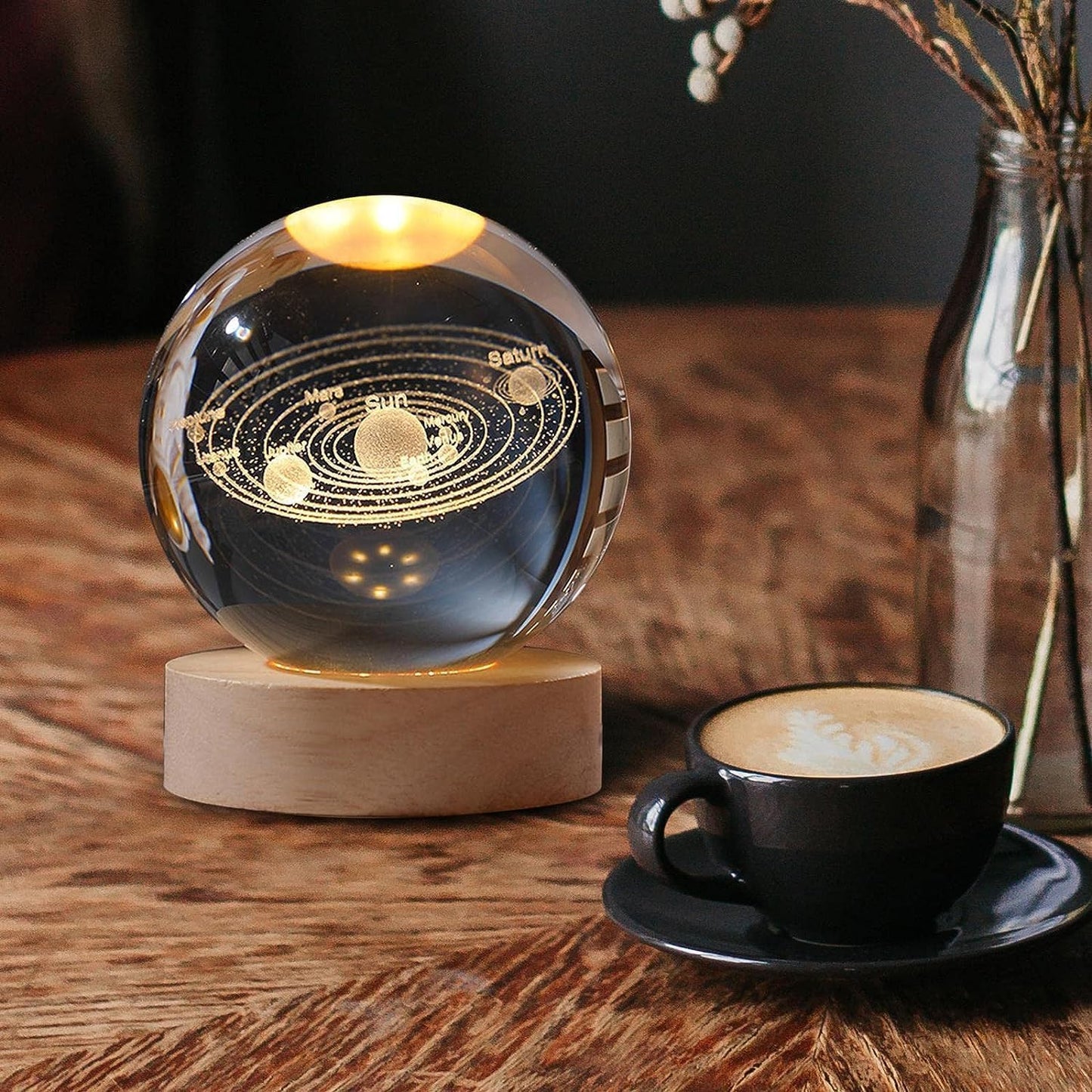1 Crystal Ball Night Light, Glass Ball with Wooden Stand,