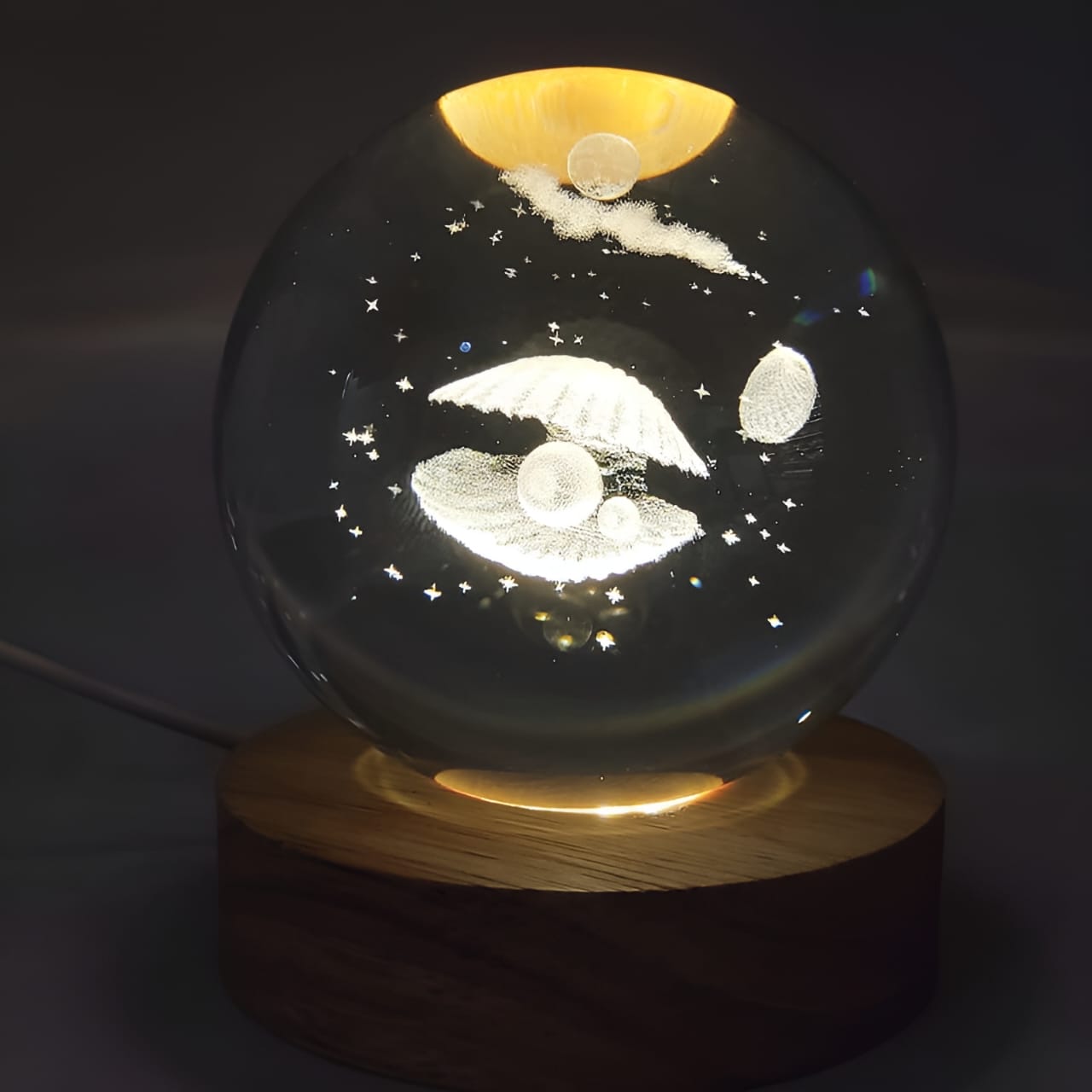 1 Crystal Ball Night Light, Glass Ball with Wooden Stand,